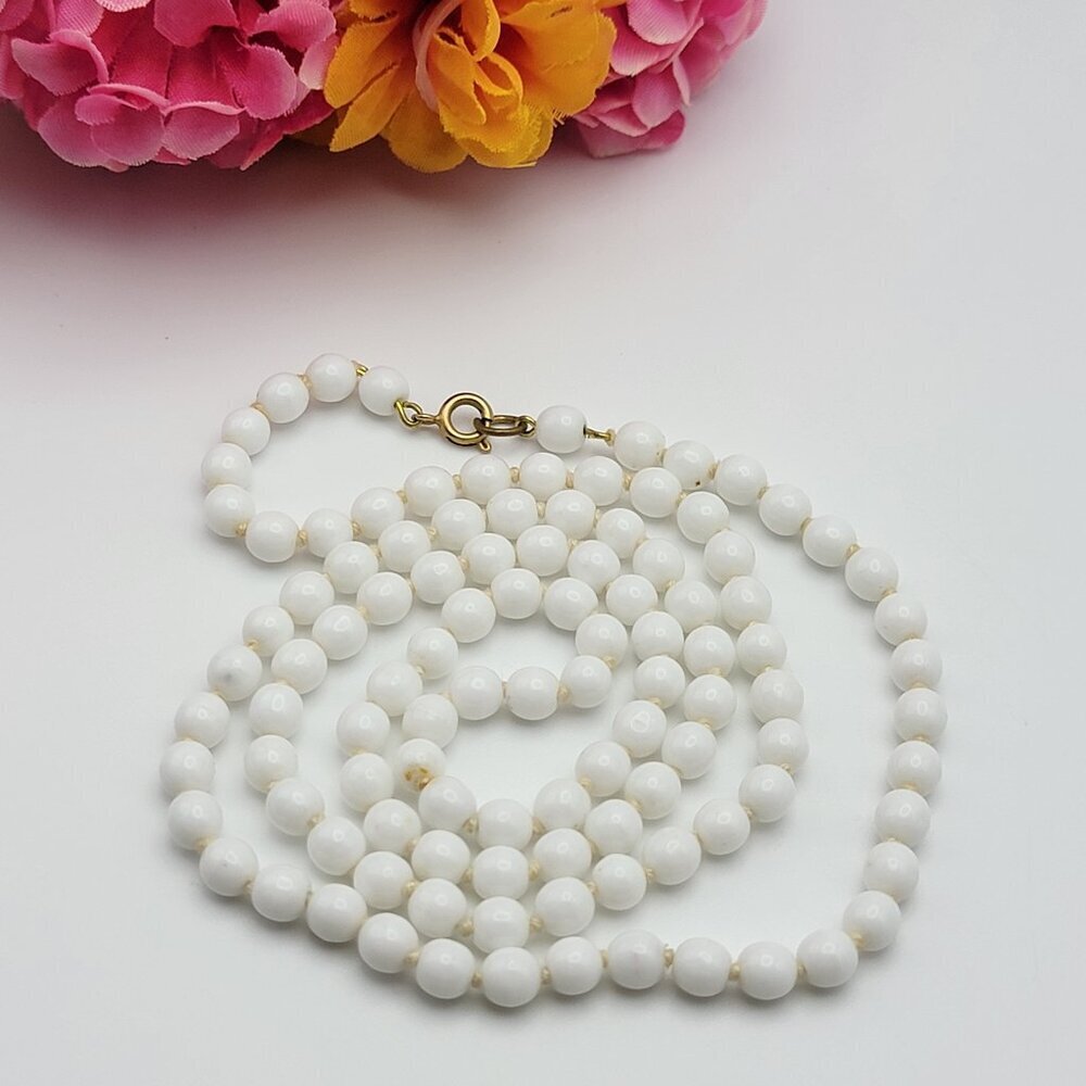 Vintage White Milk Glass Necklace 30" Gold Tone Clasp Hand Knotted 6mm Ball Bead